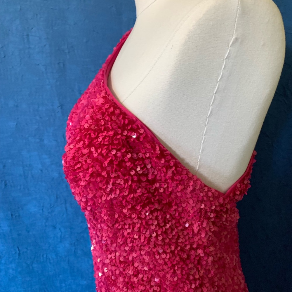 OneShoulder Column Sequin Gown Train Fuchsia Magenta Hot Pink Statement - Picture 8 of 15